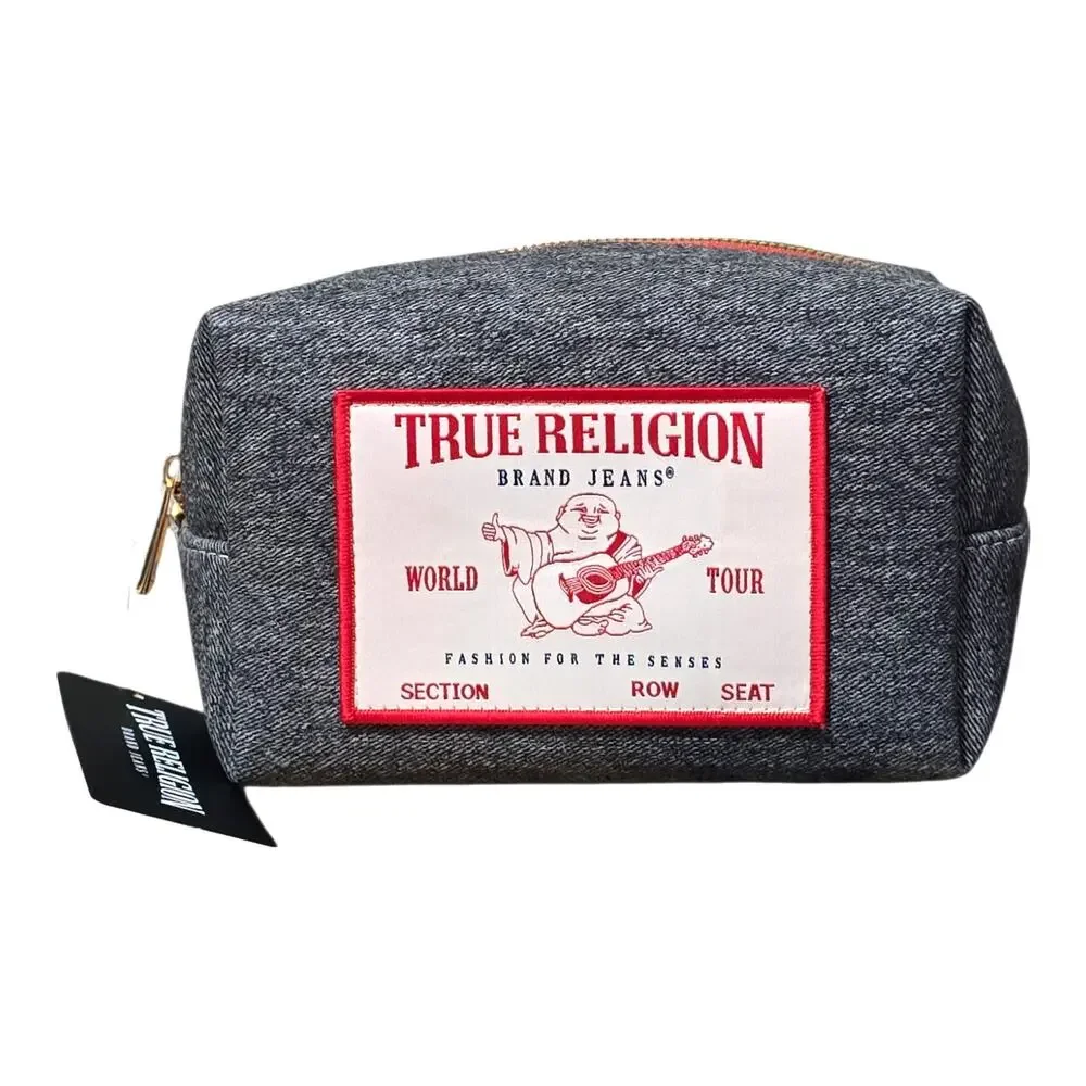 True Religion Black Heather Denim Canvas World Patch Cosmetic Travel Bag NWT